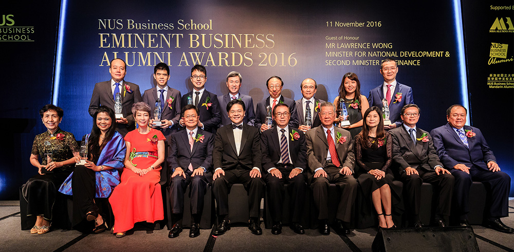 The Eminent Business Alumni Awards recipients with the Awards Committee and Lawrence Wong (centre, front row)