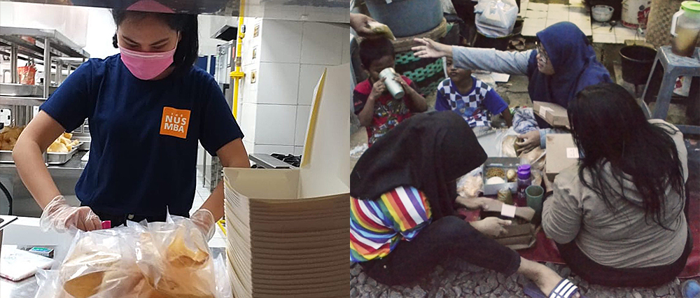 Left: Dinda preparing food packs for distribution<br>
Right: Dinda’s Kitchen food packs handed out to a family in Jakarta