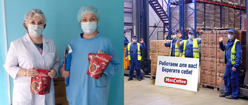 Left: Hospital workers in Russia with Food Empire’s MacCoffee products<br>
Right: The Food Empire Russia team distributes MacCoffee to hospitals and needy households in seven cities in Russia