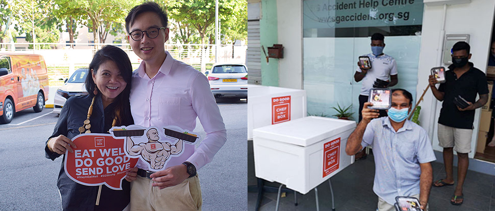 Left: Jocelyn Chng with her son Remus Joel Wong at a recent food pack delivery drive<br>
Right: JR Group food delivery to recipients at the SG Accident Help Centre