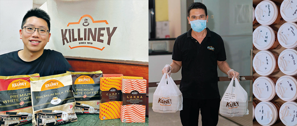 Left: Tien Yuan with Killiney’s new food merchandise<br>
Right: A Killiney franchise operator providing support for frontline workers via food provision and words of encouragement written on coffee cups