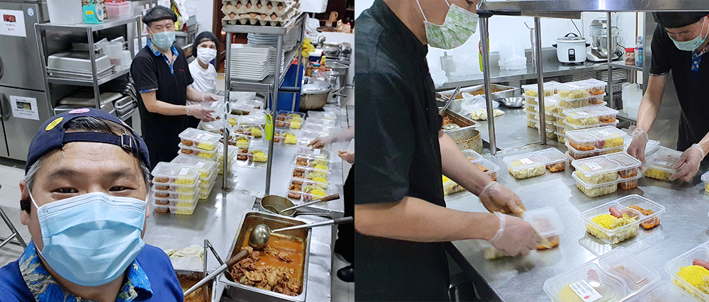 Left: Kevin (front) and his staff in the kitchen<br>
Right: Straits Chinese staff preparing meals to be sent out to the community