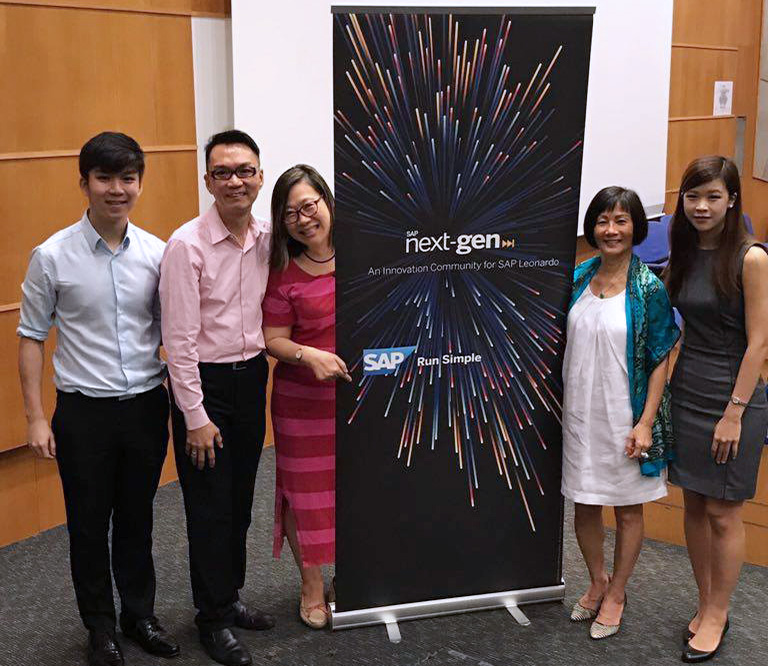 From right: emcee and final year student Stephanie Lam; speaker Zarina Lam Stanford; A/P Ang Swee Hoon; and members of SAP marketing team