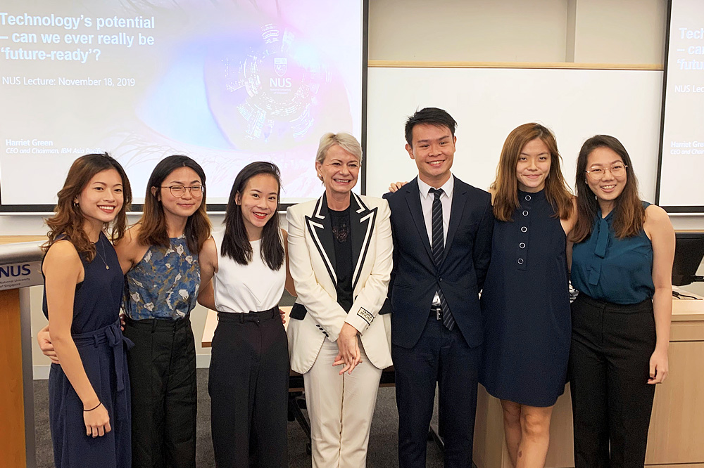 IBM Asia Pacific CEO and Chairman Ms Harriet Green (4<sup>th</sup> from left) congratulated the winning team behind Robo-Shark – (from left) Oh Kai Lin, Tanya Tan Hui Ying, Natalie Eng Xue-Yu, Edgar Wang Zhi Peng, Hew Qian Yu and Lauren Tan Yen May.