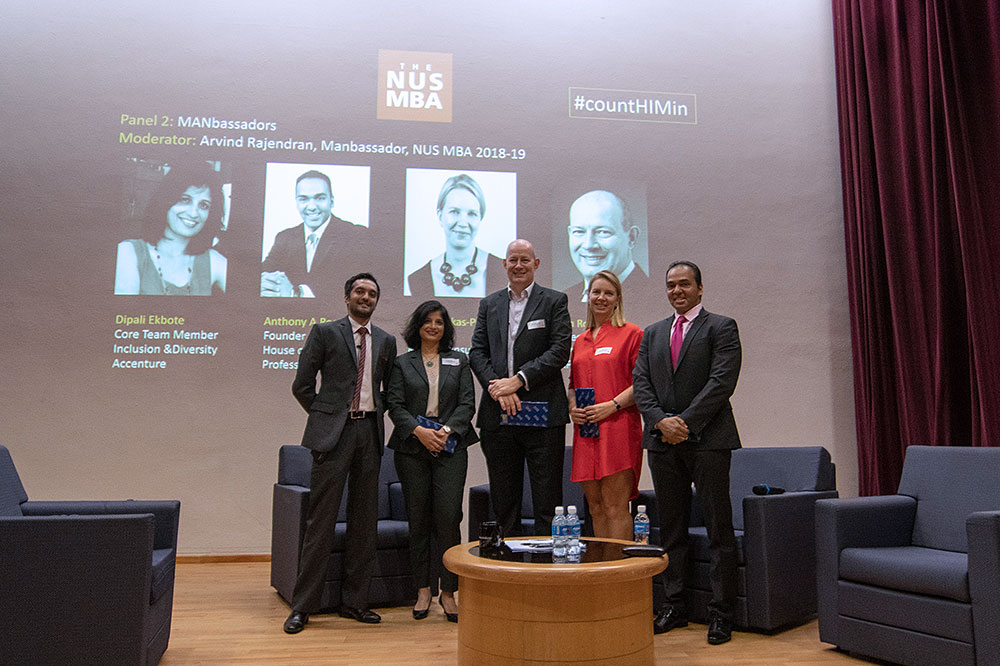 Manbassadors panel (left to right): Arvind Rajendran (NUS MBA candidate), Dipali Ekbote (Director, Accenture), Tim Rockell (Director, KPMG), Anna Kiukas-Pederson (Owner, Kiukas Consulting, Faculty Coach, NUS Business school), Anthony A.Rose (Founder, House of Rose Professional)