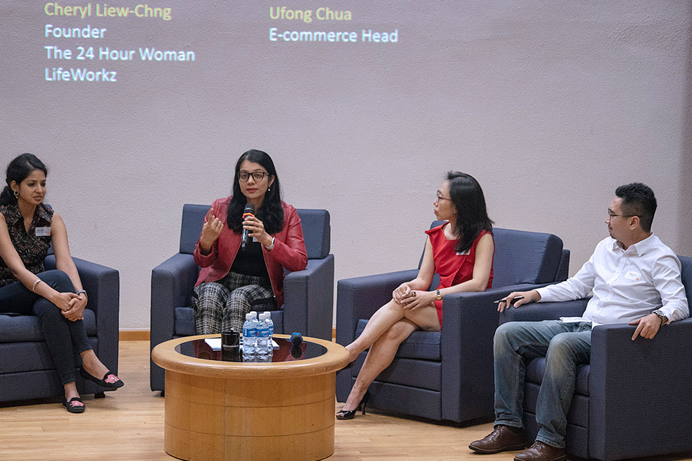 WOMENtoring panel (left to right): Mrinalini Venkatachalam (Regional Outreach Manager, WEConnect International), Anuprita Bhomick (Global Head, Google cloud Platforms), Cheryl Liew-Chng (Founder, LifeWorkz, The 24 Hour Woman), UFong Chua (SEA e-commerce head, L’oreal)