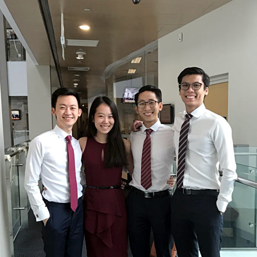 Sherry and her FIN4112K teammates Darren Loh, Tan Xunwei and Sean Pang celebrating after their final presentation