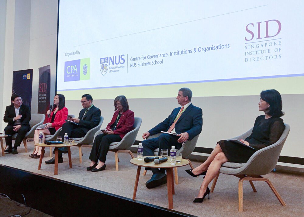 The panellists. From left: Melvin Yong of CPA Australia, Rachel Eng of Eng and Co, Leong Kok Ho of Tuan Sing Holdings, Goh Mui Hong of Global Investments, Prof Andrew Rose of NUS Business School, and June Sim of SGX RecCo.
