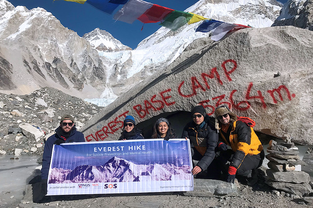 Reaching Mount Everest Base Camp on 2 Dec 2019. (From left) Enrico Viora, Napath Lertpinyopast, Soyena Dhakal, Mcrid Wang and Xavier Janssen.
