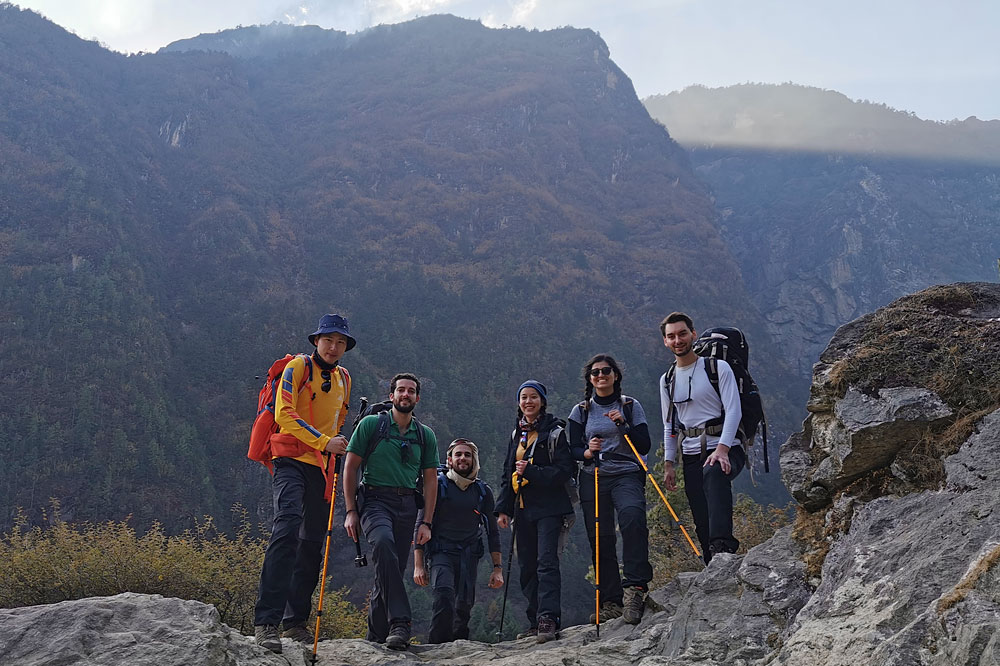 The group of six, who embarked on the hike to Mount Everest Base Camp only two months into their NUS MSc in Finance programme, are now friends for life. (From left) Mcrid Wang, Enrico Viora, Alhasan Alkaff, Napath Lertpinyopast, Soyena Dhakal, and Xavier Janssen.
