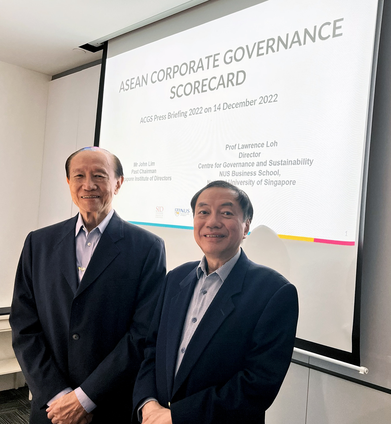 Mr John Lim (left) and Prof Lawrence Loh discussed the findings of the Asean Corporate Governance Scorecard 2021 at a briefing today. 