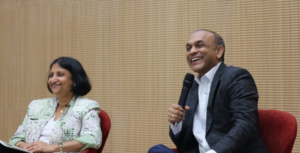A light-hearted moment during the Q&A session by Ms Anshula Kant (left) and moderator Professor Sumit Agarwal.